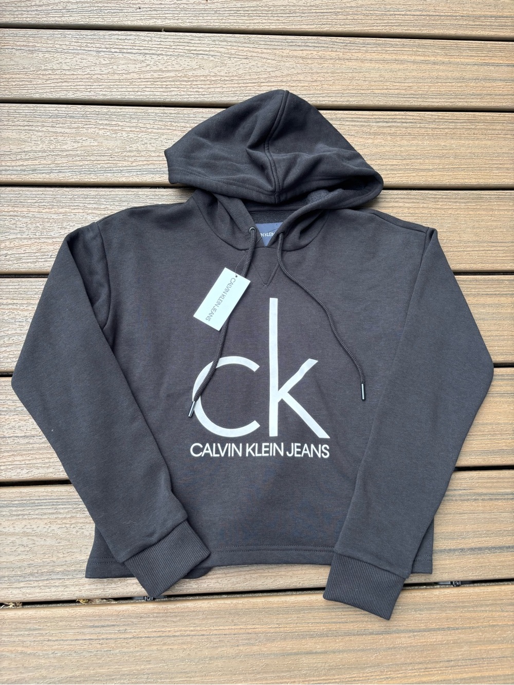 NEW Calvin Klein Black Cropped Top Hooded Long Sleeve Small